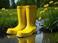 yellow rubber boots stand in a puddle. ai generative Royalty Free Stock Photo