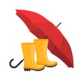 Yellow rubber boots under a red umbrella on a white background. Flat vector illustration