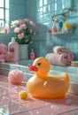 Yellow rubber duck and bath bombs in bathroom with pink tiles and flowers Royalty Free Stock Photo