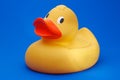 Yellow rubber duck on blue background Royalty Free Stock Photo