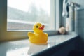Yellow rubber duck in clean bathroom. Generative AI Royalty Free Stock Photo