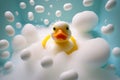 Yellow rubber duck in a bubble bath full of foam. Generative AI Royalty Free Stock Photo