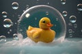 Yellow rubber duck in a bubble bath. Generative AI Royalty Free Stock Photo