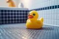 Yellow rubber duck in clean bathroom. Generative AI