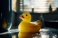 Yellow rubber duck in clean bathroom. Generative AI