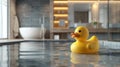 A yellow rubber duck is floating in the bathroom on the left Royalty Free Stock Photo