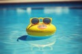 A yellow rubber duck floating in a pool with sunglasses AI generation Royalty Free Stock Photo