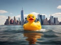 Yellow rubber duck floating in the water with New York city as background