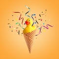 Yellow rubber duck with ice cream cone and party streamers on bright background. Summer minimal concept