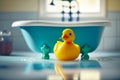 Yellow rubber duck sitting in front of blue bathtub with green rubber ducks. Generative AI