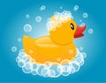 Yellow rubber duck in soap foam. Baby bathing toy. Vector cartoon illustration Royalty Free Stock Photo