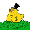 Yellow rubber duck toy business tycoon dollars Royalty Free Stock Photo