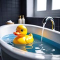 Yellow rubber duck toy floating in bathtub with running tap water in modern bathroom. Royalty Free Stock Photo