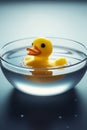 a yellow rubber duck toy taking a bath in a transparent bowl of water Royalty Free Stock Photo