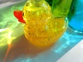 YELLOW RUBBER DUCKIE, 3d puzzle in glass bottle reflection (POND)