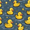 Yellow rubber duckies swimming in the water. Cute cartoon seamless background