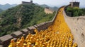Yellow rubber duckies taking over the Great Wall of China. Weird, odd concept. Fantasy scene