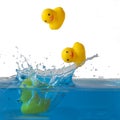 Yellow rubber ducks bathe, background for baby products for washing Royalty Free Stock Photo