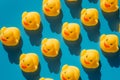 Yellow rubber ducks on a blue background with hard shadows Royalty Free Stock Photo