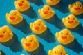 Yellow rubber ducks on a blue background with hard shadows Royalty Free Stock Photo