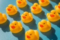 Yellow rubber ducks on a blue background with hard shadows Royalty Free Stock Photo