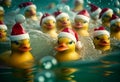 Yellow, rubber ducks floating in the water. AI Generated Royalty Free Stock Photo
