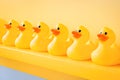 Yellow rubber ducks in a line toy design yellow concept team. Rubber duck background team meeting. Rubber ducky bath toy Royalty Free Stock Photo