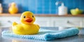 Yellow rubber ducky on a light blue towel in a bathroom setting. Generative AI Royalty Free Stock Photo