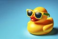 yellow Rubber Ducky with sun glasses on solid bright blue background. ai generative Royalty Free Stock Photo