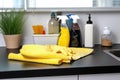 yellow rubber gloves next to cleaning supplies near a spotless sink