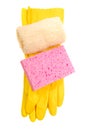 Yellow rubber gloves with sponge and washcloth Royalty Free Stock Photo