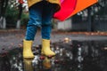 Yellow rubber shoes in puddle after raining. Falling leaves. Autumn season concept