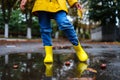 Yellow rubber shoes in puddle after raining. Falling leaves. Autumn season concept