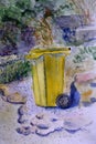 Yellow rubbish bin outside at the beach Royalty Free Stock Photo