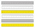 A yellow ruler marked with centimeters, inches and combined rectangular shapes. Output inch line. Vector graphics on a white