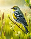 Yellow Rumped Warbler Perched Marsh Bulrush Springtime Morning Sunrise Small Bird AI Generated