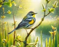 Yellow Rumped Warbler Perched Marsh Bulrush Springtime Morning Sunrise Small Bird AI Generated