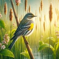 Yellow Rumped Warbler Perched Marsh Bulrush Springtime Morning Sunrise Small Bird AI Generated