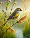 Yellow Rumped Warbler Perched Marsh Bulrush Springtime Morning Sunrise Small Bird AI Generated