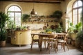 Yellow Rustic interior kitchen with rounded dining table with plants around