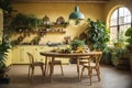 Yellow Rustic interior kitchen with rounded dining table with plants around