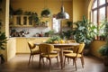 Yellow Rustic interior kitchen with rounded dining table with plants around