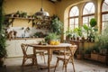 Yellow Rustic interior kitchen with rounded dining table with plants around