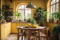 Yellow Rustic interior kitchen with rounded dining table with plants around