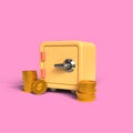 Yellow Safe box with gold coins stack font view on pink background.