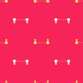 Yellow Safe distance icon isolated seamless pattern on red background. Viruses and people keeping distance for infection