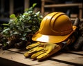 Yellow safety gear neatly displayed on a wooden background, construction and engineering image