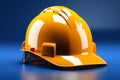 Yellow safety helmet pops against 3D rendered blue backdrop, creating impactful contrast