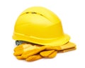 Yellow safety helmet and Protective gloves Royalty Free Stock Photo