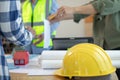 Yellow safety helmet were prepared for workers to wear before entering the construction area to prevent the danger of falling Royalty Free Stock Photo